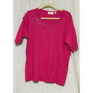 Quacker Factory Woman’s Pink Rhinestone Top With Ross Pattern Sleeves Size L
